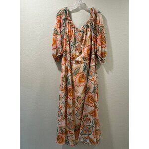 1 STATE Maxi Dress Ruffled Tie V-Neck 3/4 Sleeve BOHO Paisley Multi Orange 1X